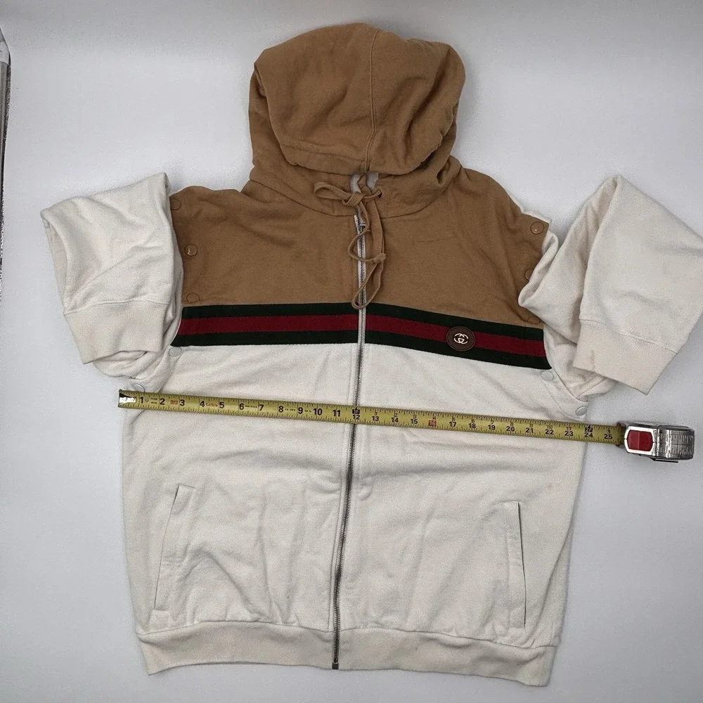 Gucci Web Stripe Zip Up Hoodie Mens Large Beige Off White Cotton Italy Authentic